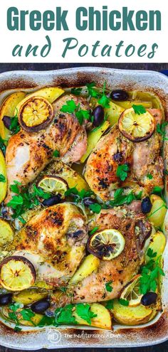 greek chicken and potatoes in a casserole dish