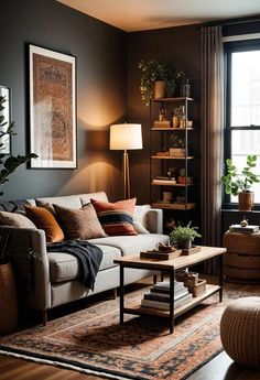 a living room filled with lots of furniture and plants on top of a wooden table