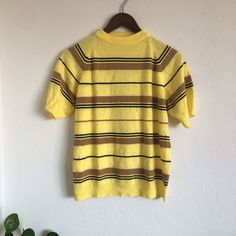 "Vintage Towncraft striped sweater short sleeve 60s mod atomic 1960s knit shirt yellow brown striped mock neck Kurt Cobain unisex stripe tee 38\" chest & 23\" length >> Please double check your measurements & compare to these listed below, for accurate sizing. Vintage often runs small, so don't rely on the tag size.  Tag reads: PENNEYS TOWNCRAFT M 100% acrylic   Measurements taken flat/unstretched : *Chest Width, armpit to armpit: approx 19\" (38\" chest/bust)  *Length, from top of shoulder/coll Striped Knit Turtleneck Top, Spring Crew Neck Top With Vertical Stripes, Fitted Contrast Stripes Crew Neck Top, Fitted Crew Neck Top With Contrast Stripes, Striped Knit Tops With Short Sleeves, Fitted Vertical Stripes Top For Fall, Fitted Tops With Vertical Stripes For Fall, Striped Short Sleeve Fall T-shirt, Striped Short Sleeve T-shirt For Fall