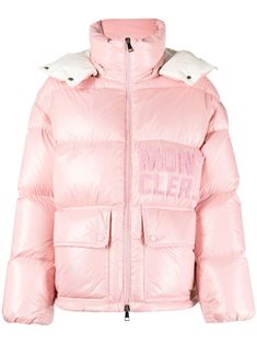 pink feather down padded design appliqué logo high neck slouchy hood front zip fastening long sleeves two front flap pockets straight hem Pink Moncler Jacket, Moncler Jacket Women, Luxury Coat, Puffer Jacket With Fur, Moncler Logo, Moncler Jacket, Wardrobe Edit, Jacket For Women, Pink Jacket