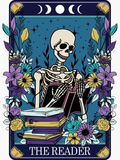 a skeleton sitting on top of a pile of books in front of flowers and moon