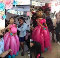 two pictures of people in pink dresses and balloons with faces on them, one is being hugged by a woman