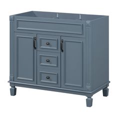 a bathroom vanity with two drawers and one door on the side, is shown in blue