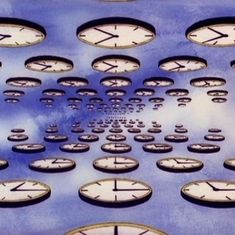 many clocks are floating in the air on a blue surface with white clouds above them