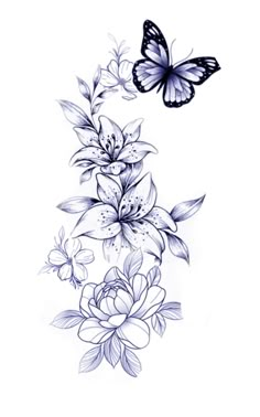 a drawing of flowers and butterflies with one butterfly flying in the air above it,