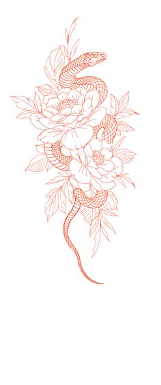 a drawing of a snake and flowers on a white background