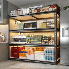 an open refrigerator in a kitchen next to a counter with food and drinks on it