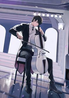 a man sitting on top of a chair holding a cello