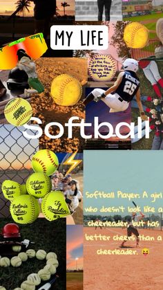 a collage of softball pictures with the words softball written on them