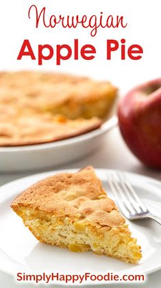 an apple pie on a white plate with a fork next to it and the words, norwegian apple pie