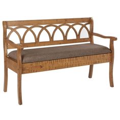 a wooden bench with a cushion on it