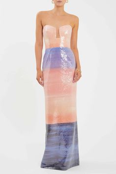 Rebecca Vallance - Oriana Gown Sunset Hues, Warm Sunset, Mesh Gown, Rebecca Vallance, New Arrival Dress, Event Dresses, Wedding Attire, Fitted Bodice, Dress Backs