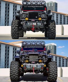 the front and rear view of a jeep with four wheels on it's tires