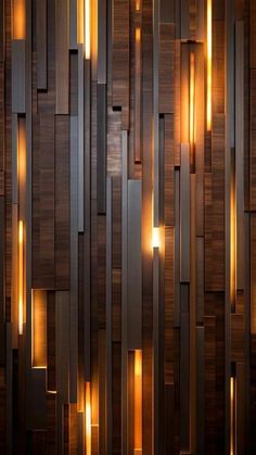 an abstract wall made up of metal strips with lights on them and some wood planks in the background