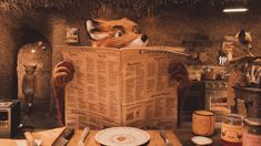 a fox reading a newspaper while sitting at a table