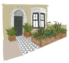 an artist's rendering of a house with plants in the front and side yard