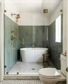 a bathroom with a tub, toilet and shower