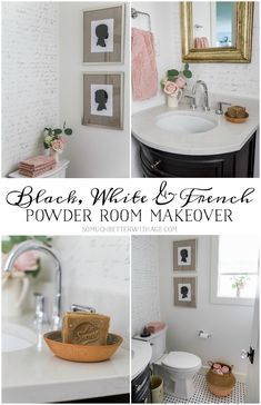 black, white and pink powder room makeover