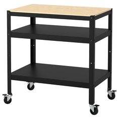 a black shelf with wheels and a wooden top