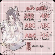 an anime character sitting in front of a pink tile wall with the words abc, abc and