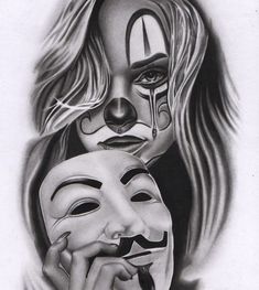 a pencil drawing of a woman holding a guy with a mask on his face and the other half of her face painted