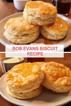 three different images of biscuits with butter and syrup on them, one has been cut in half