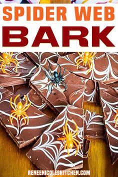 chocolate bark with spider web decorations on it and text overlay that reads, spider web bark