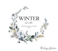 the winter wreath logo with watercolor flowers and greenery on it, in black and white