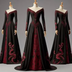 House Of The Dragon Outfit Inspiration, Valyrian Clothes, Targaryen Outfit Dresses, Dragon Inspired Dress, House Of The Dragon Dresses, Game Of Thrones Inspired Outfits, Targaryen Gown, Valyrian Fashion, Fairytale Dress Medieval