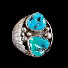 Unique Beautiful Handcrafted Native American Navajo Heavy Turquoise Stones Sterling Silver Ring. Circa 1970s.  Size !0 1/2  Measures 1" tall  Weight 20.7 grams Available at mt Etsy Store http://Far-Rider-West.com   #turquoisejewelry #indianjewelry #vintagerings #handmade #artisanjewelry #sterlingsilverring #westerngifts #chunkyring #cowbow #Navajojewelry #uniquejewelry