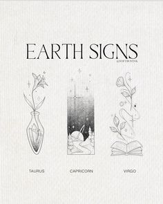 the cover of earth signs, with three different vases and flowers in each one