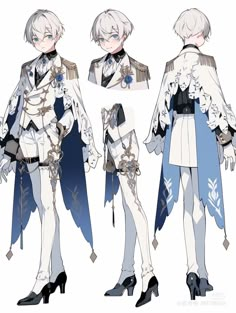 an anime character is dressed in white and blue