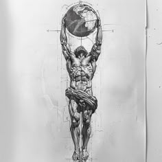 a black and white drawing of a man holding the world on his back with one hand