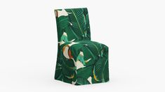 a green and white chair with tropical print on the seat cover, it's up to