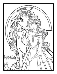 the princess and her unicorn coloring page for kids to color in with their favorite characters