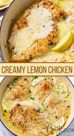 creamy lemon chicken in a skillet with the title above it