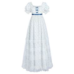 PRICES MAY VARY. Authentic Regency Era Look: It is a floor-length white regency dress patterned with blue floral design. The women's regency costume features spoon neck with ruffle trim, empire waist , back zipper, short puffy sleeve with hollow lace. Cute blue bow on front. Skirt has a layer of mesh overlays, creating a lovely romantic look. Package Included: A floral regency dresses. It is made of cotton, soft and comfortable. Dry clean or gently hand wash, lay flat to dry. Style: Regency era The Princess Diaries Dress, Pride And Prejudice Dress, Regency Dress Jane Austen, White Regency Dress, White Victorian Dress, Jane Austen Dress, Regency Dress Pattern, Bride Of Frankenstein Costume, Daphne Costume