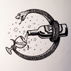 a black and white drawing of a bottle with a snake in it's mouth