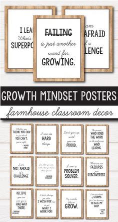 the growth minds poster is shown in black and white with wooden frames, which are also labeled