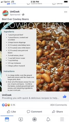 the cowboy beans recipe is displayed on an iphone