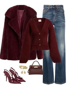 Wine Red Outfit, Video Dress, Denim Ootd, Uni Outfit, Outfit Inspo Winter, Burgundy Cardigan, Celebrity Music, Design Moda, Winter Fashion Outfits Casual