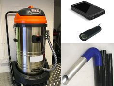 several different types of cleaning equipment including a cell phone, vacuum cleaner and other items