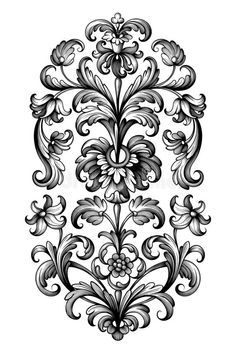 an ornate black and white design with flowers on the bottom half of it, as well as