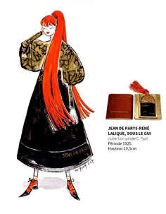 a drawing of a woman with long red hair wearing a black dress and orange shoes