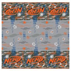 an orange and gray scarf with the word nerd on it, surrounded by circles