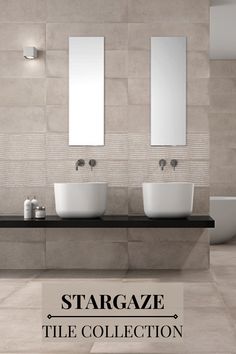 a bathroom with two sinks and mirrors on the wall next to it is an advertisement for stargaze tile collection