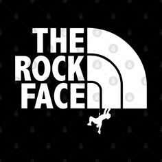 the rock face logo on a black background with white letters and an image of a man falling