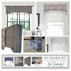 an advertisement for valancee kit featuring curtains, blinds and window coverings in various styles