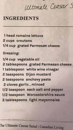 a menu listing ingredients for the ultimate caesar salad