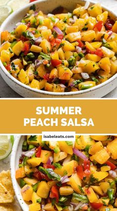 two pictures with different types of food in them and the words summer peach salsa on top